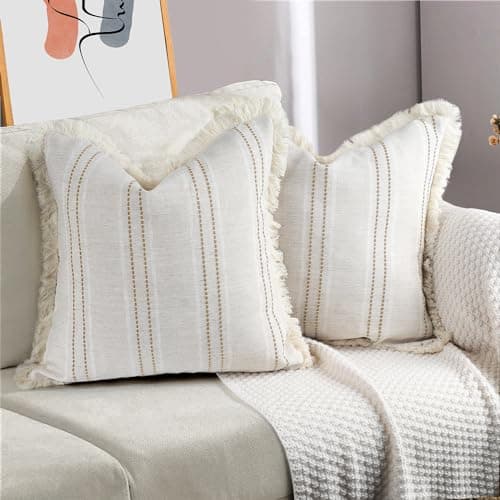 Set of 2 Farmhouse Linen Throw Pillow Covers with Fringe, Boho Textured, Beige with White & Brown Stitch Yarn Dyed Stripe - Cover ONLY