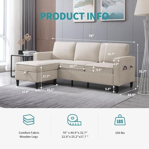 Convertible L-Shaped Linen Couch with Reversible Ottoman