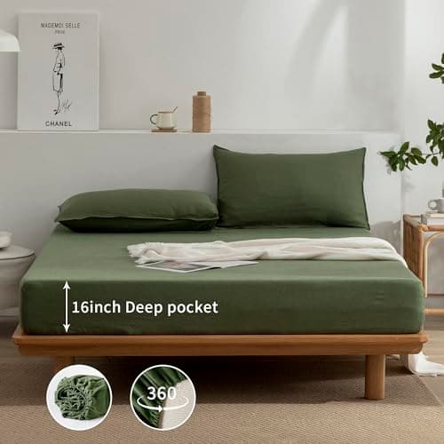 EVERLY Stonewashed French Linen Queen Sheet Set, Mossy Green, 4 PCS