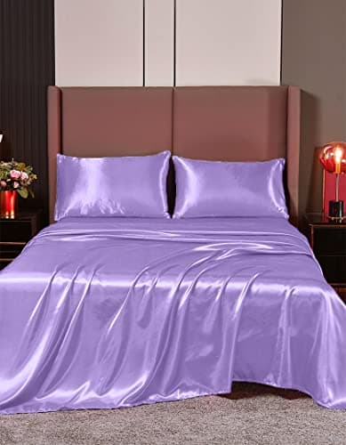 Hotel Quality Lilac Silk Satin Sheet Set | Cal King | Fitted & Flat Sheets | Pillowcases | Silky Soft