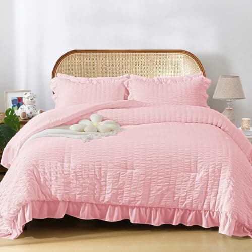 JOLLYVOGUE Beige Queen Seersucker Comforter Set with Ruffles