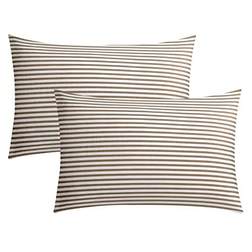 JELLYMONI 100% Natural Cotton Queen Pillowcases, 2 Pack White & Khaki Stripes