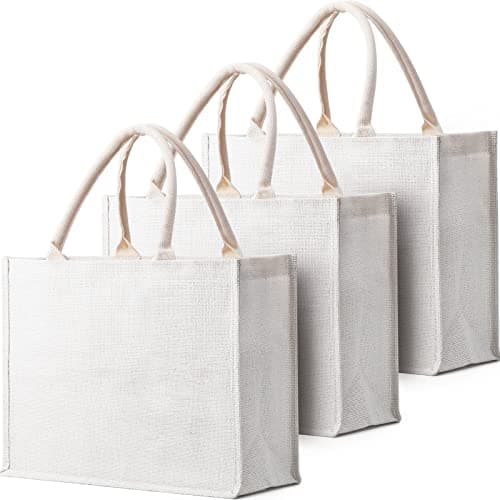 Segarty 3 Pack Large White Burlap Jute Reusable Canvas Tote Bags for Bridesmaid Wedding, Women Market Grocery Shopping, Bachelorette Party, Beach Trip