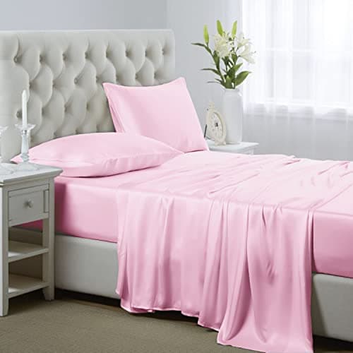 Soft Pink Silk Satin Sheets, Hypoallergenic Full Size Bedding Set, 4 Piece, Deep Pocket