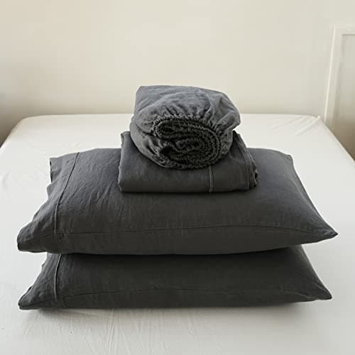 Simple & Opulence Pure Linen Full Size Sheet Set - 4 Pcs Natural Embroidery