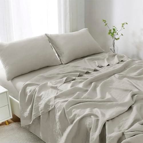 Breathable Cotton Linen King Bed Sheets, 4 Piece Set