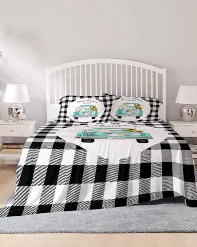 Buffalo Plaid Flower Daisies California King Sheet Set