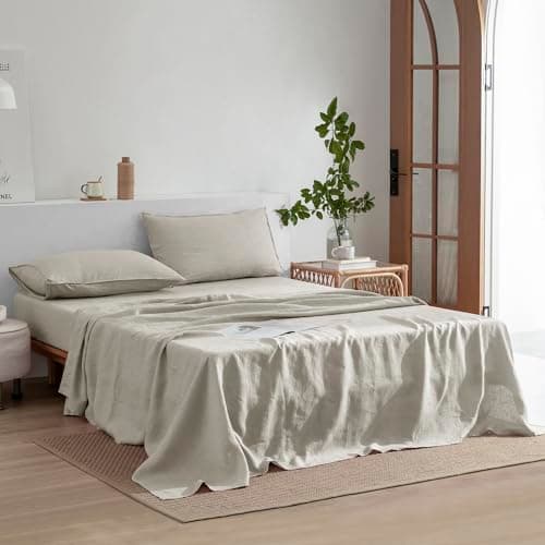 Everly Queen Size Linen Sheets Set, 4 Pieces Natural Bedding