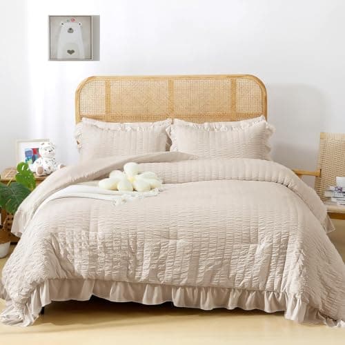 JOLLYVOGUE Beige Queen Seersucker Comforter Set with Ruffles