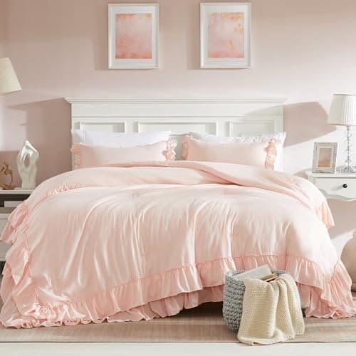 Cupocupa Beige Queen Comforter Set, 3PCs Ruffle Fluffy Bedding