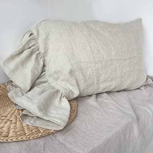 100% French Linen Queen Size Ruffled Pillowcase, Flax Flavoured (1 Pack)