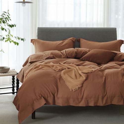 100% Washed Cotton Linen Like King Duvet Cover Set - Ultra Soft & Breathable, 3 Pieces (Off White)