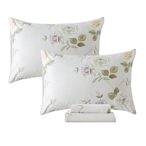 Queen Percale Cotton Sheets Set, Luxury Vintage Roses Floral, Deep Pocket Fitted, Super Soft & Breathable, 4pcs