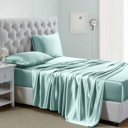 Soft Pink Silk Satin Sheets, Hypoallergenic Full Size Bedding Set, 4 Piece, Deep Pocket