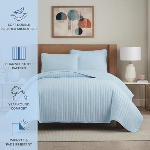 Arkwright Full/Queen Light Blue Microfiber Quilt Set - 90x90, All Season Coverlet (1 Quilt, 2 Shams)