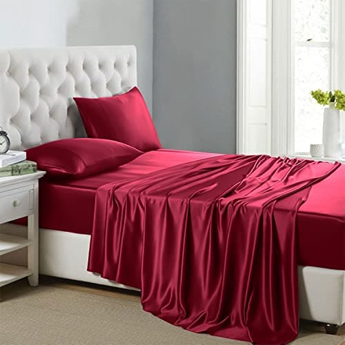 Soft Pink Silk Satin Sheets, Hypoallergenic Full Size Bedding Set, 4 Piece, Deep Pocket