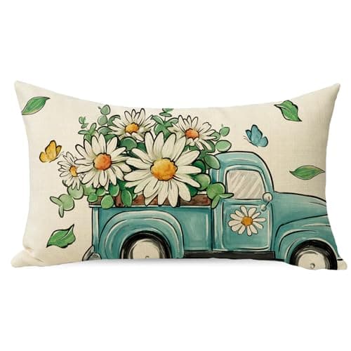 Blue Truck Spring Daisy Flower Eucalyptus Rectangular Throw Pillow Cover