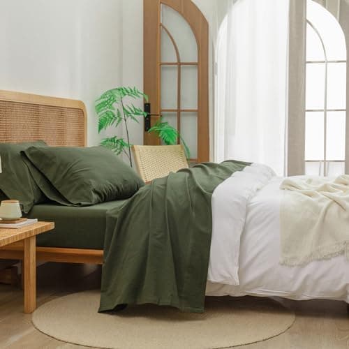 BESTOUCH Solid Linen Grey Queen Sheet Set 100% Washed Cotton