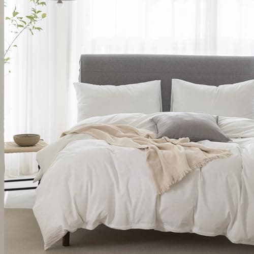 100% Washed Cotton Linen Like King Duvet Cover Set - Ultra Soft & Breathable, 3 Pieces (Off White)