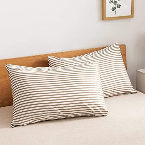 JELLYMONI 100% Natural Cotton Queen Pillowcases, 2 Pack White & Khaki Stripes