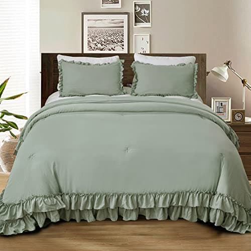 Masaca Ruffled Comforter Set Queen, Farmhouse Boho Chic Linen Feel Bedding