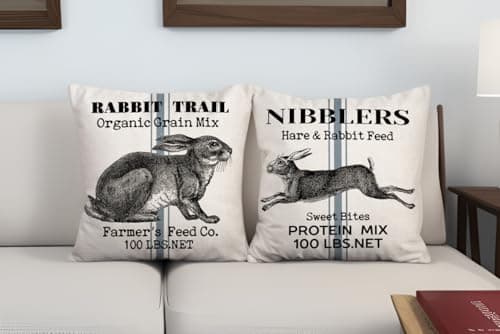 Retro Hare Pattern Pillow Covers Set of 2 - Farmer's Market Bunny Rabbit Farm Home Décor