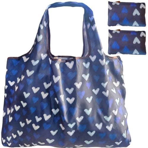Foldable Reusable Grocery Bags with Long Handles and Fold-Up Pouch