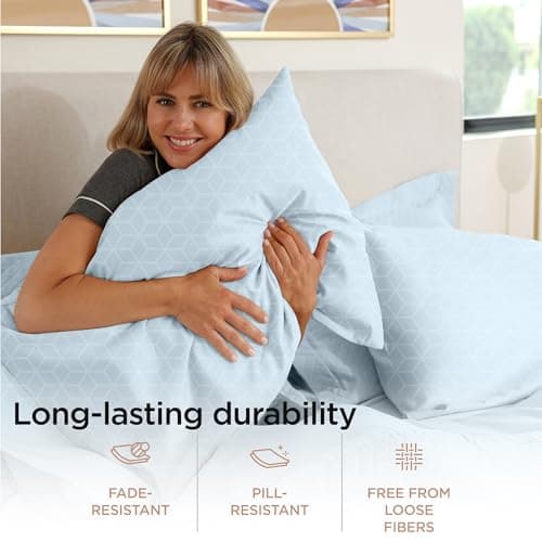100% Egyptian Cotton Queen Sheet Set | Soft Cooling Damask Jacquard | Deep Pocket | Light Blue