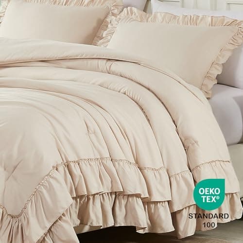 Cupocupa Beige Queen Comforter Set, 3PCs Ruffle Fluffy Bedding