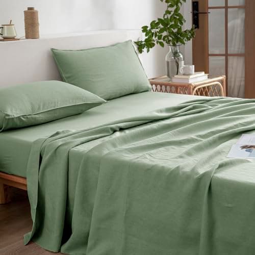 100% French Stonewash Pure Linen Sheets Set, 4Pieces, Suitable for Hot Sleepers, Saga Green, King Size