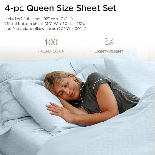 100% Egyptian Cotton Queen Sheet Set | Soft Cooling Damask Jacquard | Deep Pocket | Light Blue