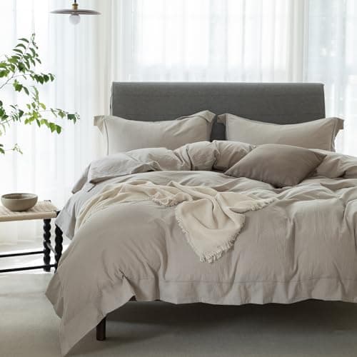 100% Washed Cotton Linen Like King Duvet Cover Set - Ultra Soft & Breathable, 3 Pieces (Off White)