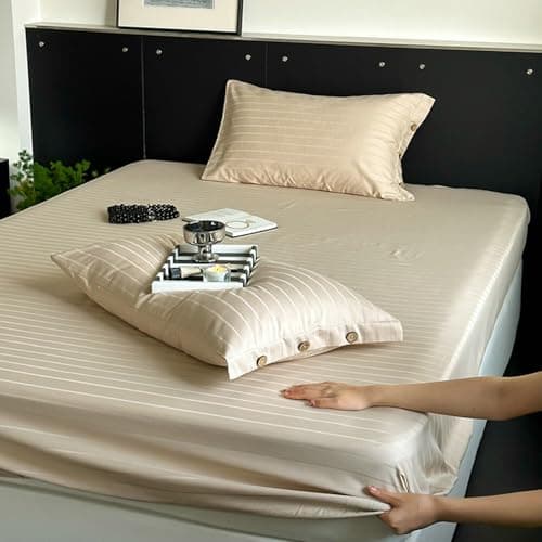 Light Green Thin Stripe 59"x79" Long Staple Cotton Queen 3 Piece Sheet Set