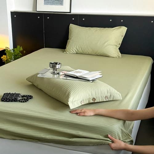 Light Green Thin Stripe 59"x79" Long Staple Cotton Queen 3 Piece Sheet Set