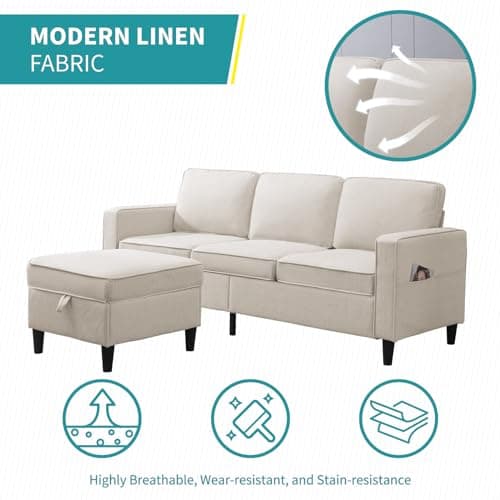 Convertible L-Shaped Linen Couch with Reversible Ottoman
