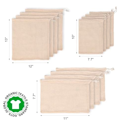 Reusable 12-Pack Cotton Mesh Produce Bags - Vegetable Storage, Farmers Market, Beach Bags, 4X Small, Medium, Large