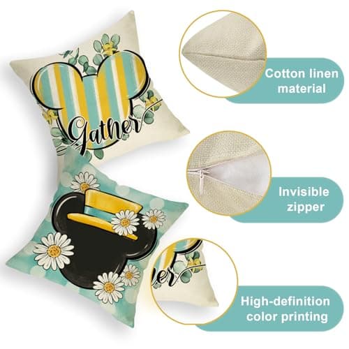 Spring Daisy Flower Throw Pillow Covers, Teal Yellow Stripes & Polka Dot