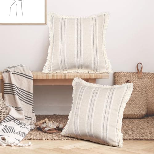 20x20 Beige Fringe Pillow Covers with White & Gray Stripe, Farmhouse Boho Style (Cover Only)