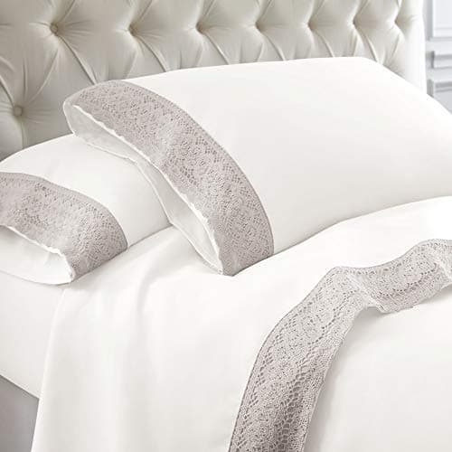 Modern Threads Soft Microfiber Crochet Lace Sheets - White/Blush Queen