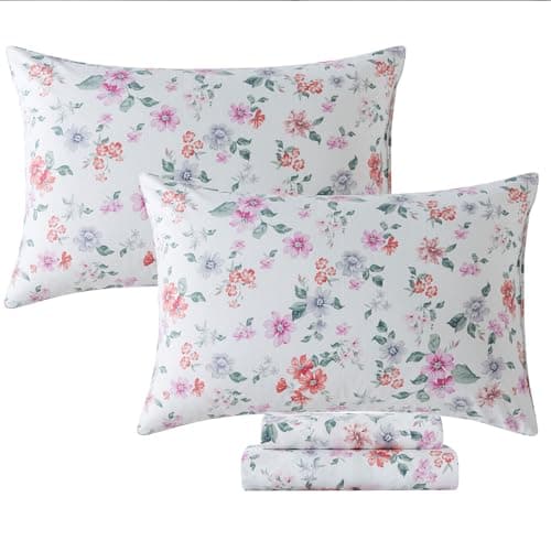 Queen Percale Cotton Sheets Set, Luxury Vintage Roses Floral, Deep Pocket Fitted, Super Soft & Breathable, 4pcs