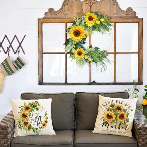 Rustic Sunflower Pillow Covers Set of 4 (Yellow-Hello Sunshine)