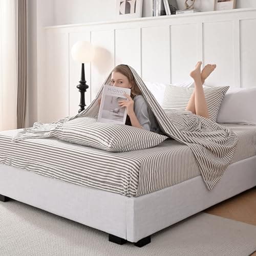 JELLYMONI Queen Size Striped Bed Sheets Set - 4 Pieces, 100% Cotton, Deep Pockets, Ultra-Soft