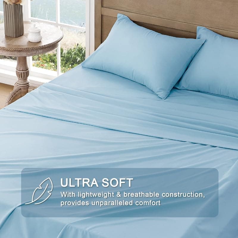Ultra Soft Brushed Microfiber King Sheet Set - Cooling & Breathable - 4 Pieces (Light Blue)