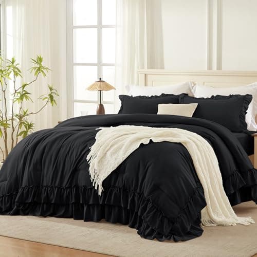 White Shabby Chic Queen Comforter Set with Microfiber Ruffles & Pillowcases