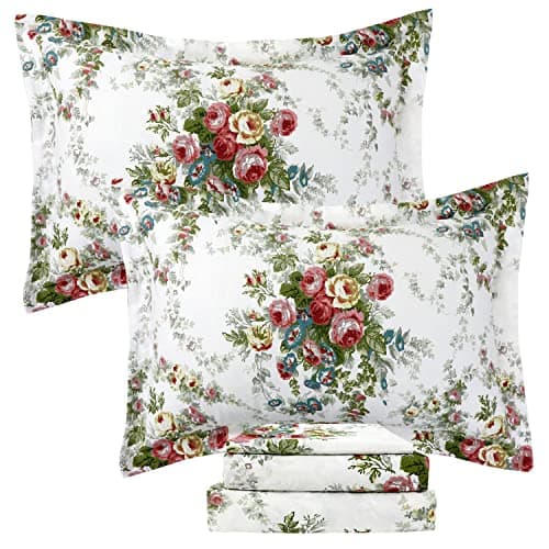 Queen Percale Cotton Sheets Set, Luxury Vintage Roses Floral, Deep Pocket Fitted, Super Soft & Breathable, 4pcs