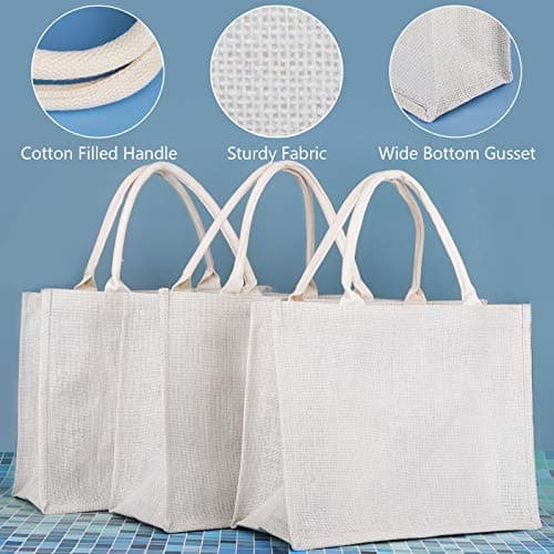 Segarty 3 Pack Large White Burlap Jute Reusable Canvas Tote Bags for Bridesmaid Wedding, Women Market Grocery Shopping, Bachelorette Party, Beach Trip
