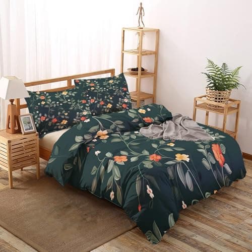 Oversized Queen Wildflower Duvet Cover & Shams, Green Quilt Set with Zipper