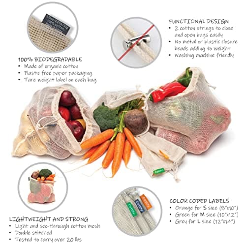 Reusable Organic Cotton Mesh Produce Bags, 12+1 Double-Stitched, Tare Weigh, 4 Sizes