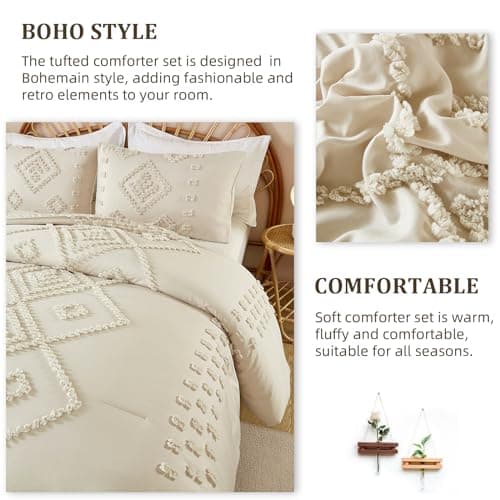 Dinjoy Shabby Chic Cream/Beige Boho Comforter Set Queen 3 Pieces Soft Fluffy