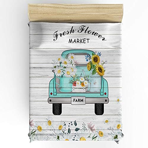 4-Piece Breathable Soft Duvet Cover Set Flower Market Retro Truck Daisies for Kids/Adults